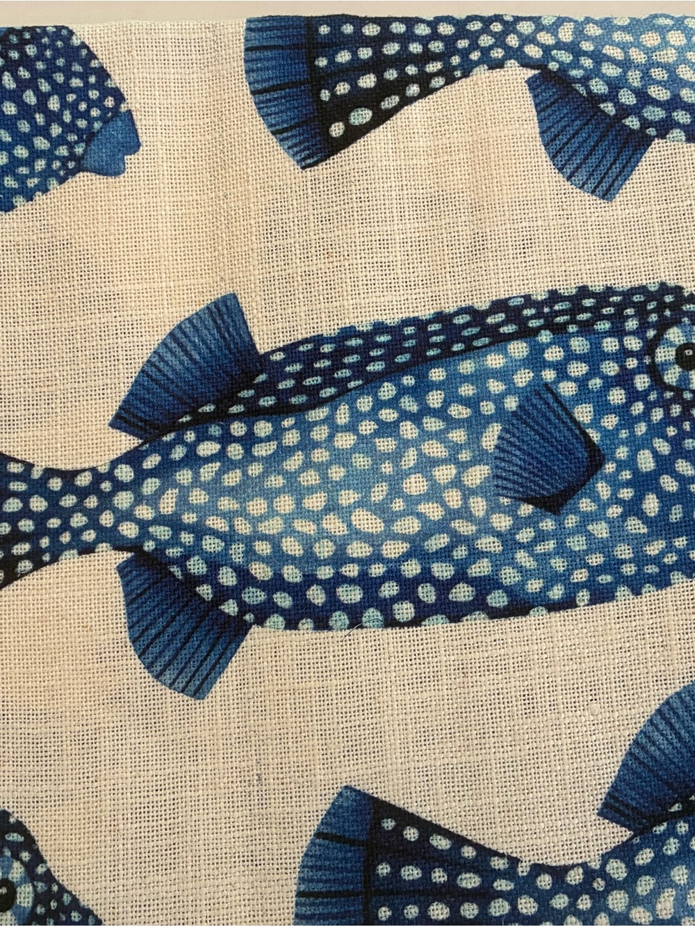Blue Puffer Fish Print Decorative Textile - Designer linen decor/ fabric